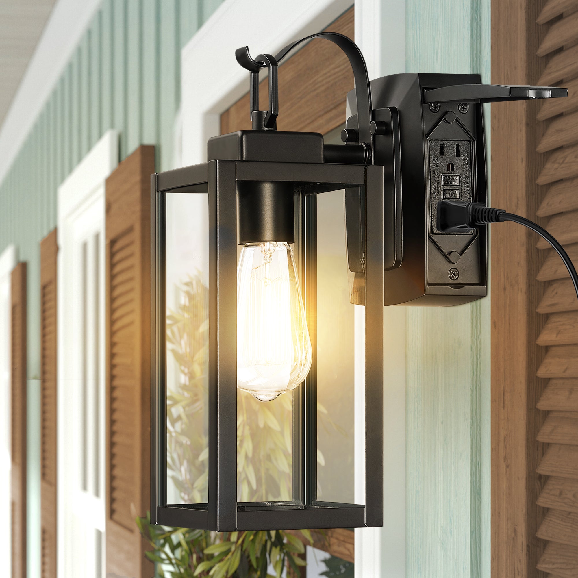 1-Lights Black Exterior Porch Lights with GFCI Outlet Outdoor Sconce E26 Base