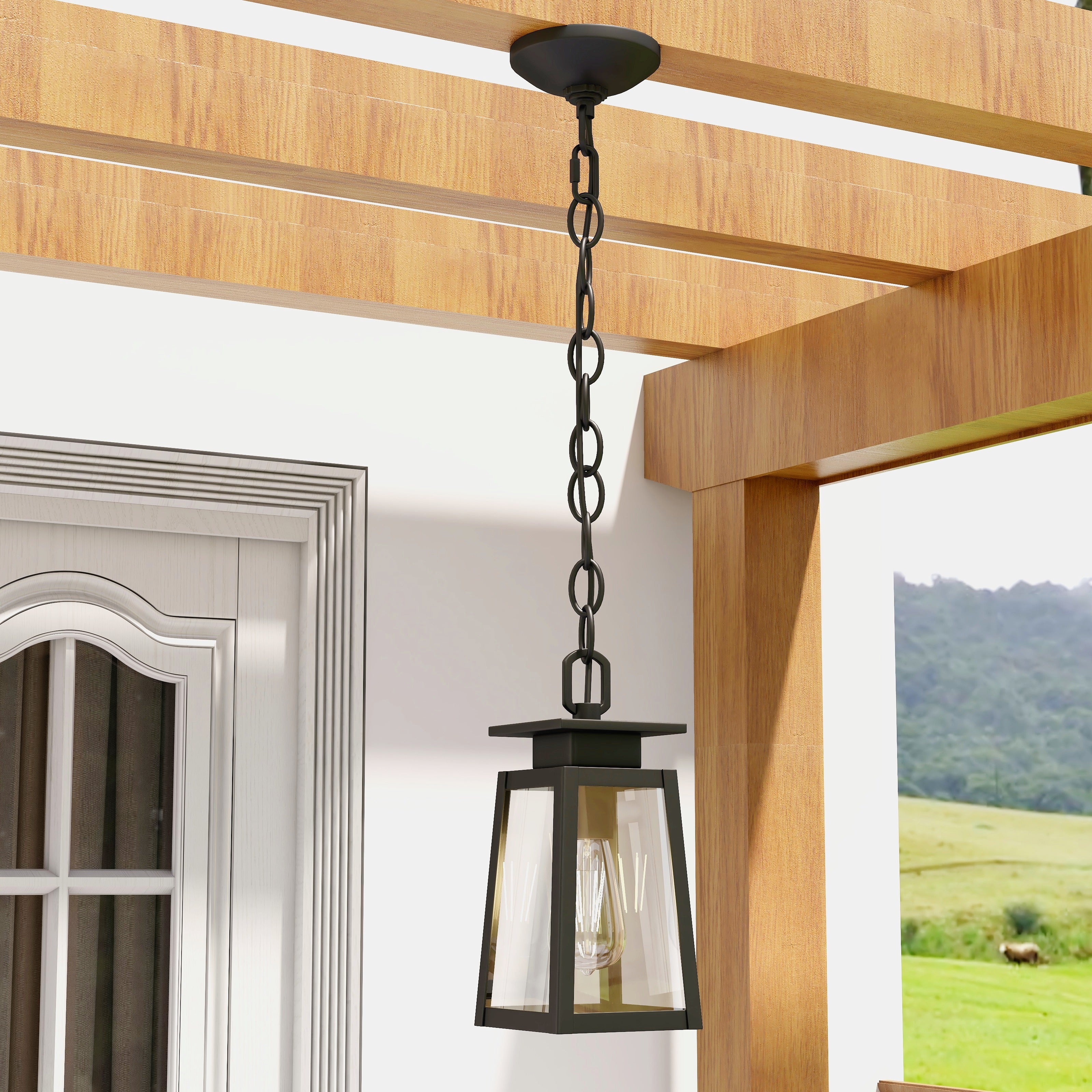 1-Light Black Outdoor Pendant Light Exterior Hanging Lantern with E26 Base