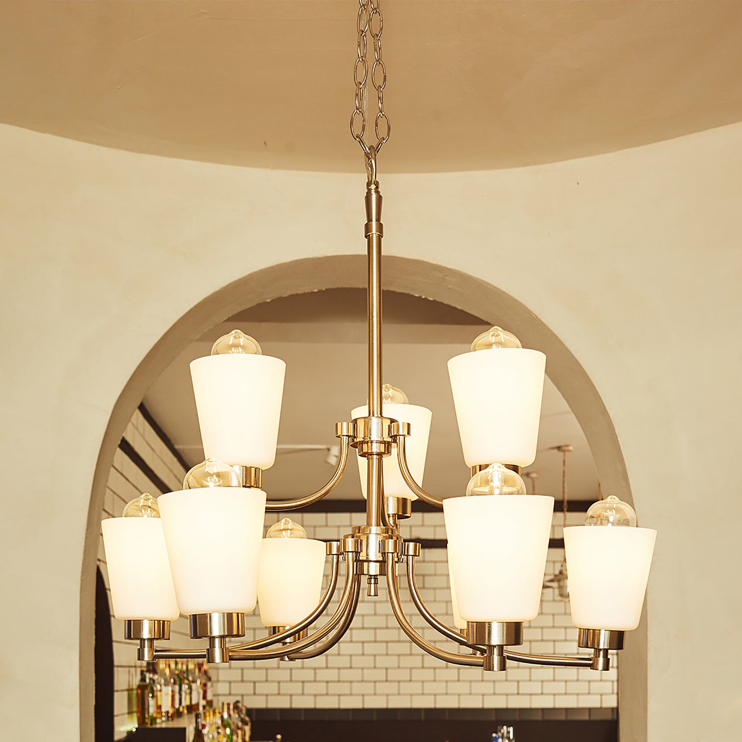 9-Light Brushed Nickle Finish Chandelier Tiered with Shade