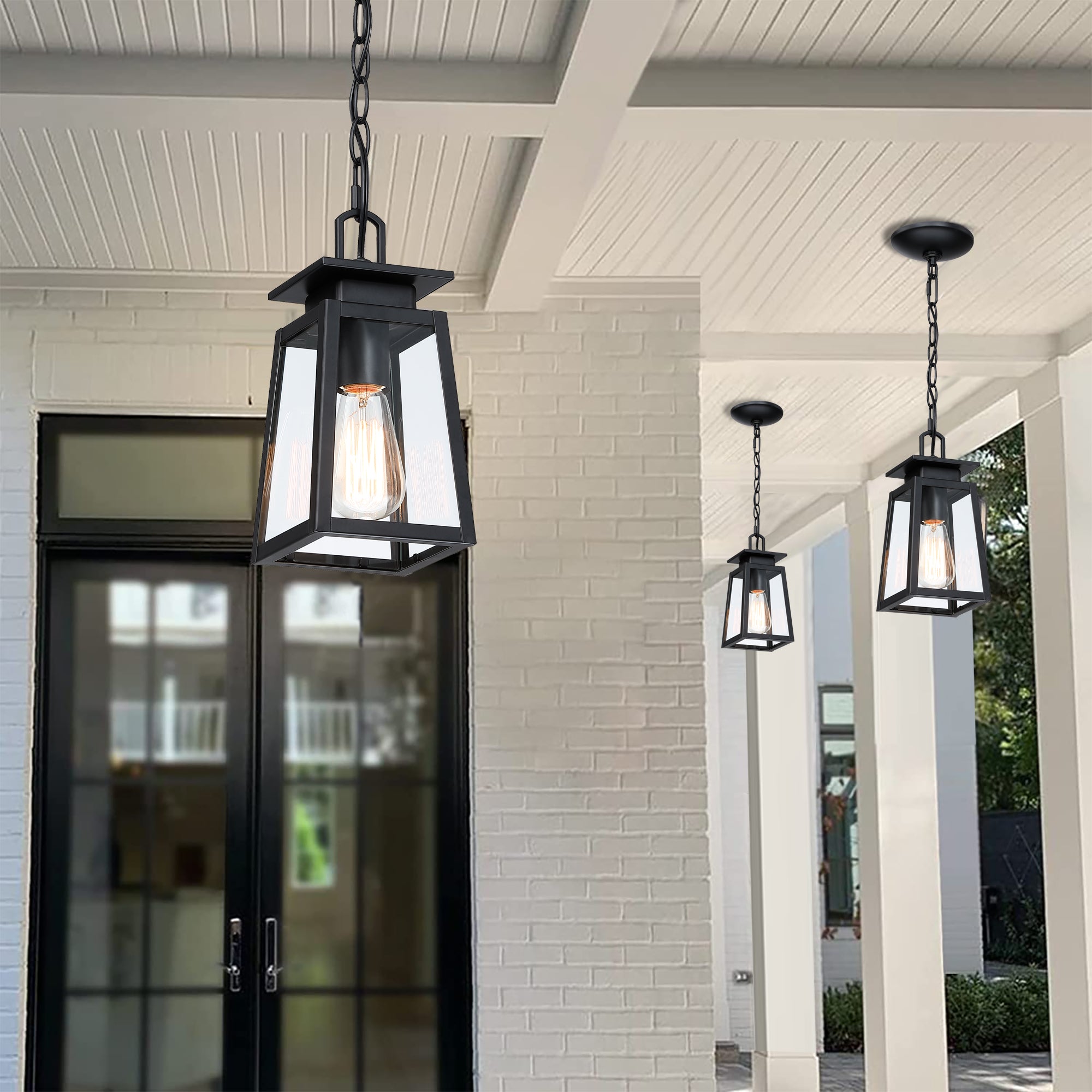 1-Light Black Outdoor Pendant Light Exterior Hanging Lantern with E26 Base