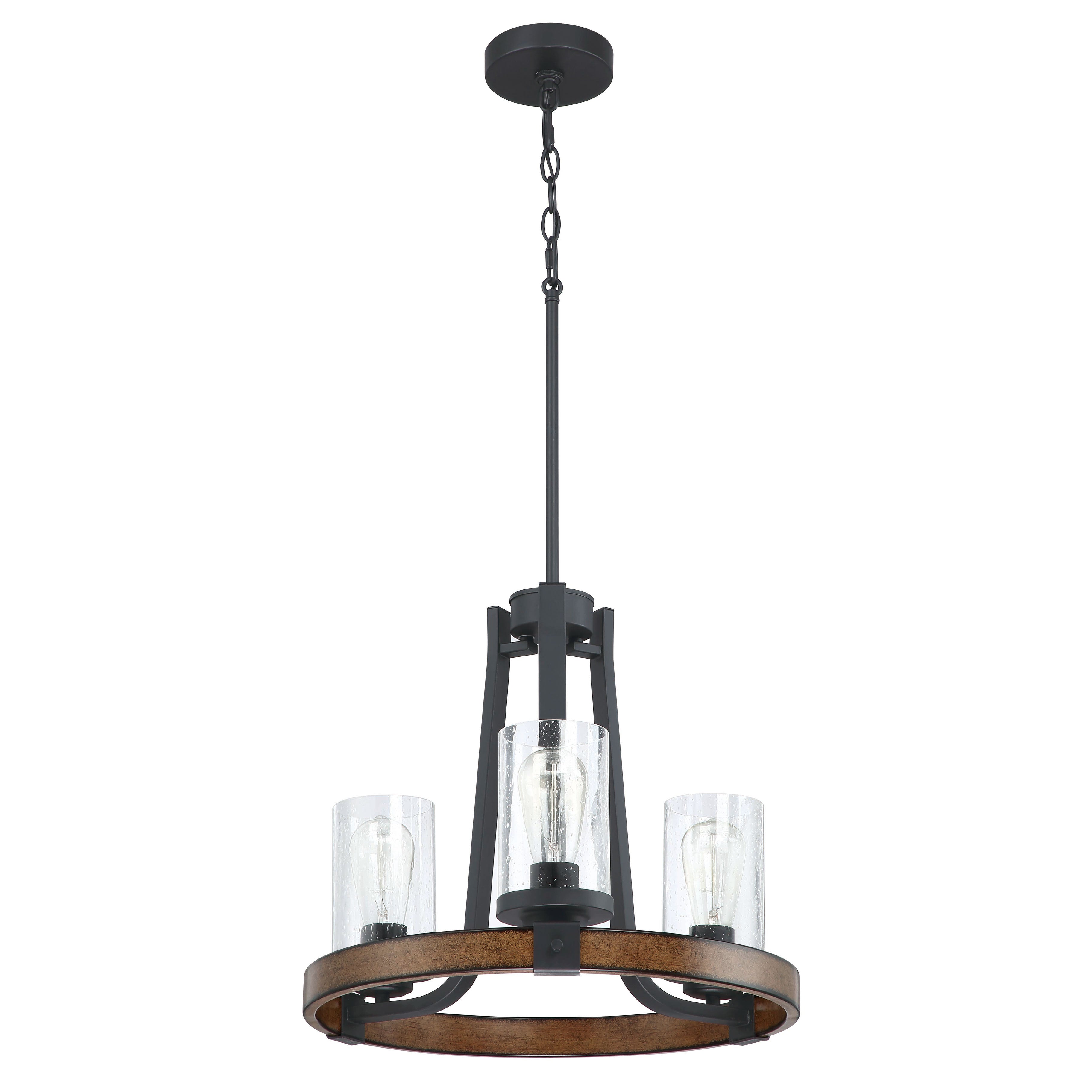 3-Light Matte Black Chandelier with Clear Seeded Glass Shades