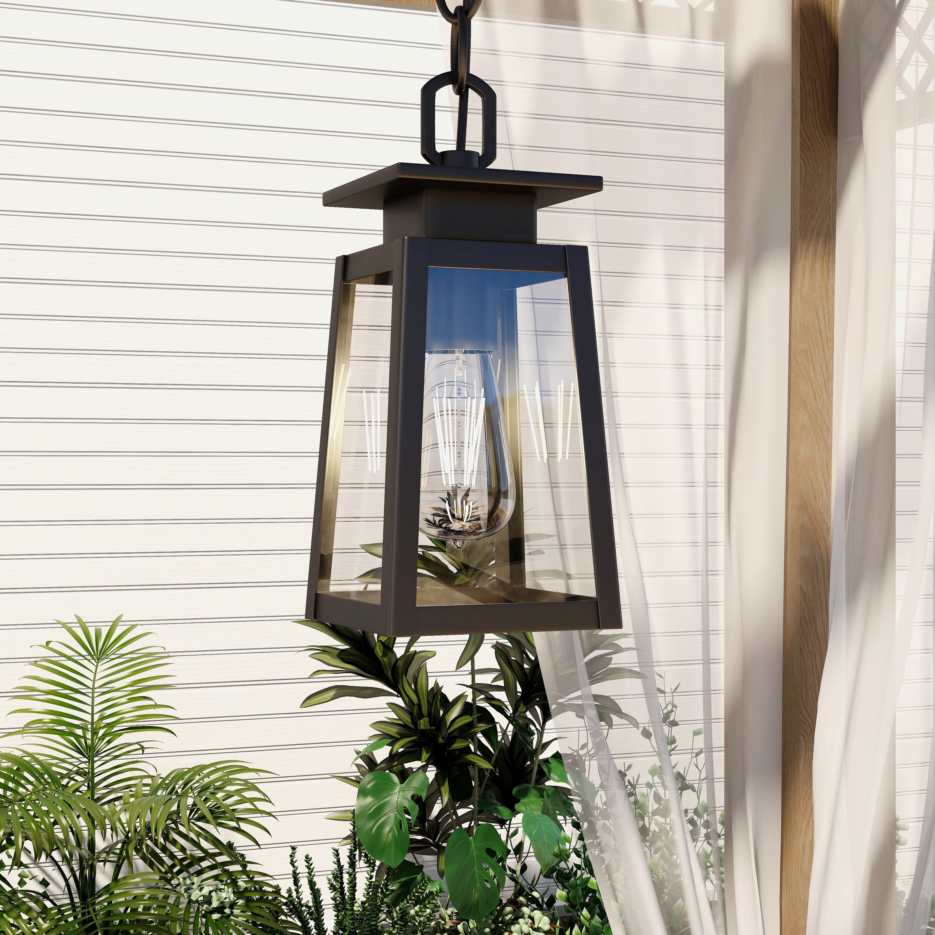 1-Light Black Outdoor Pendant Light Exterior Hanging Lantern with E26 Base