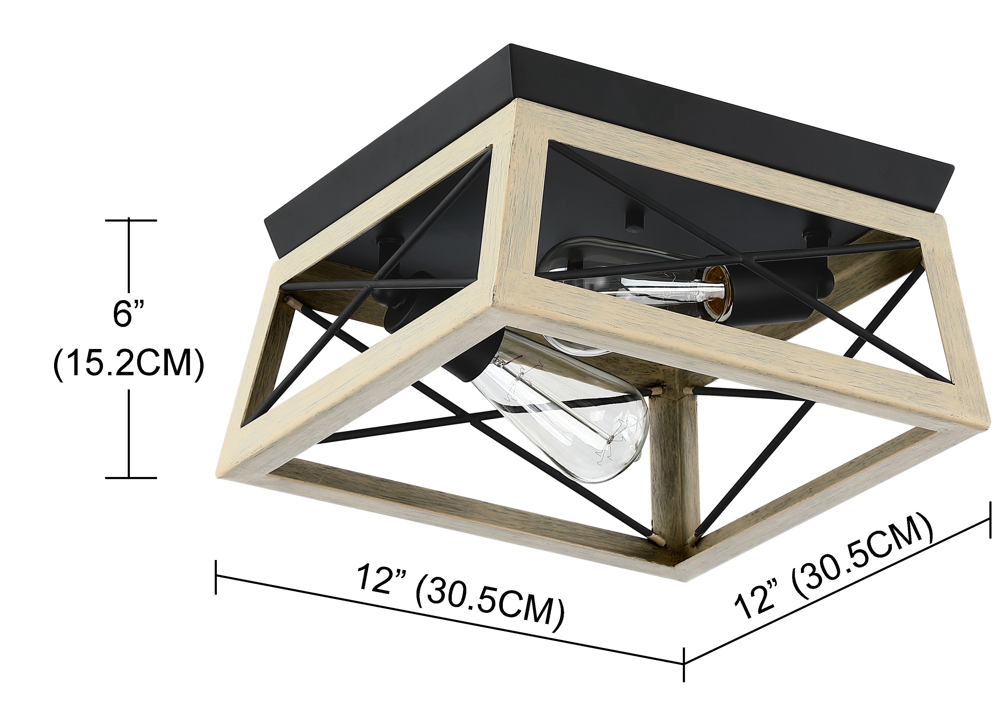 12 in. 2-Light Matte Black and Ocean View Oak Flush Mount