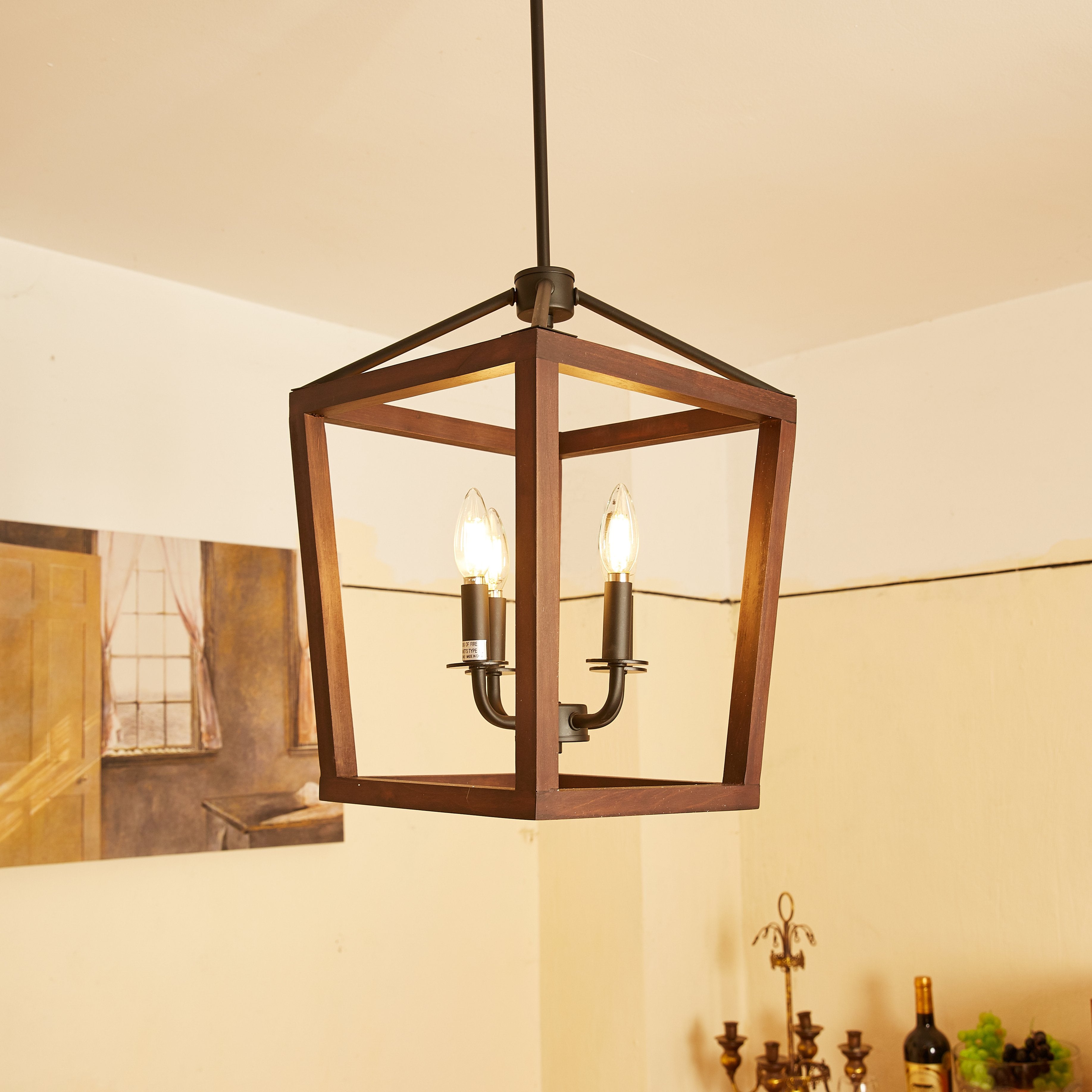 4 Light Matte Black Lantern Pendant With Rubberwood Accent