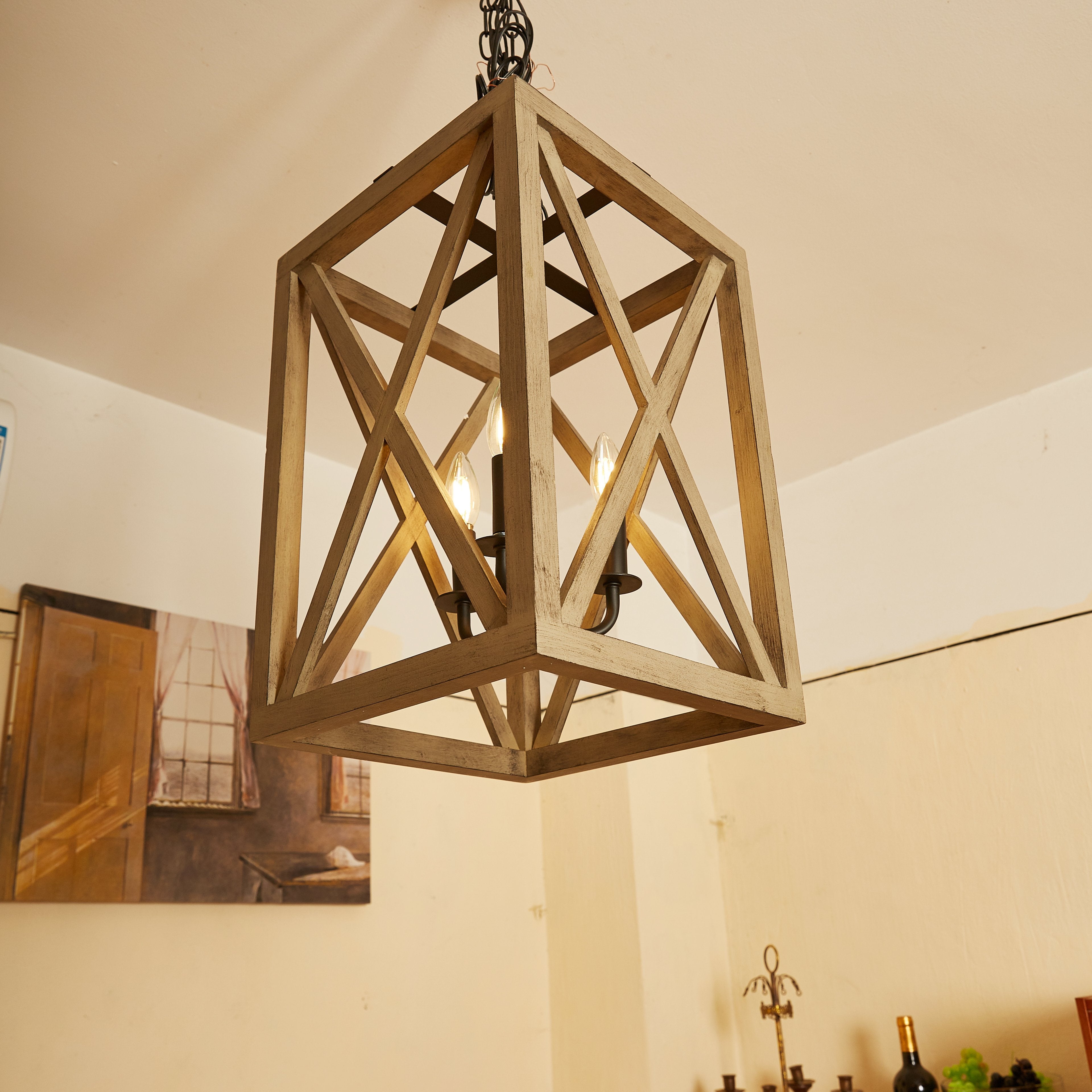 3 - Light Candle Style Chandelier with Wood Accents