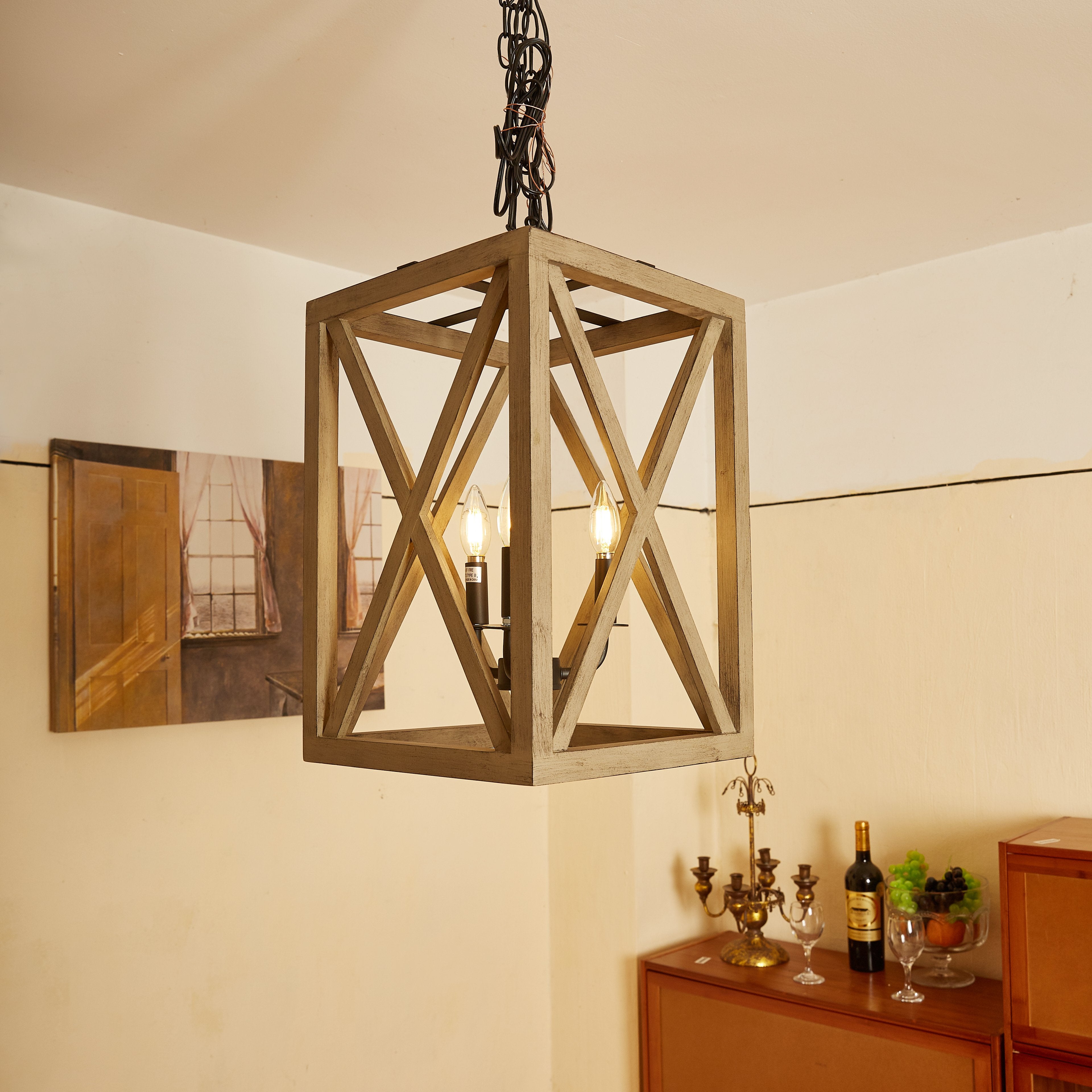 3 - Light Candle Style Chandelier with Wood Accents