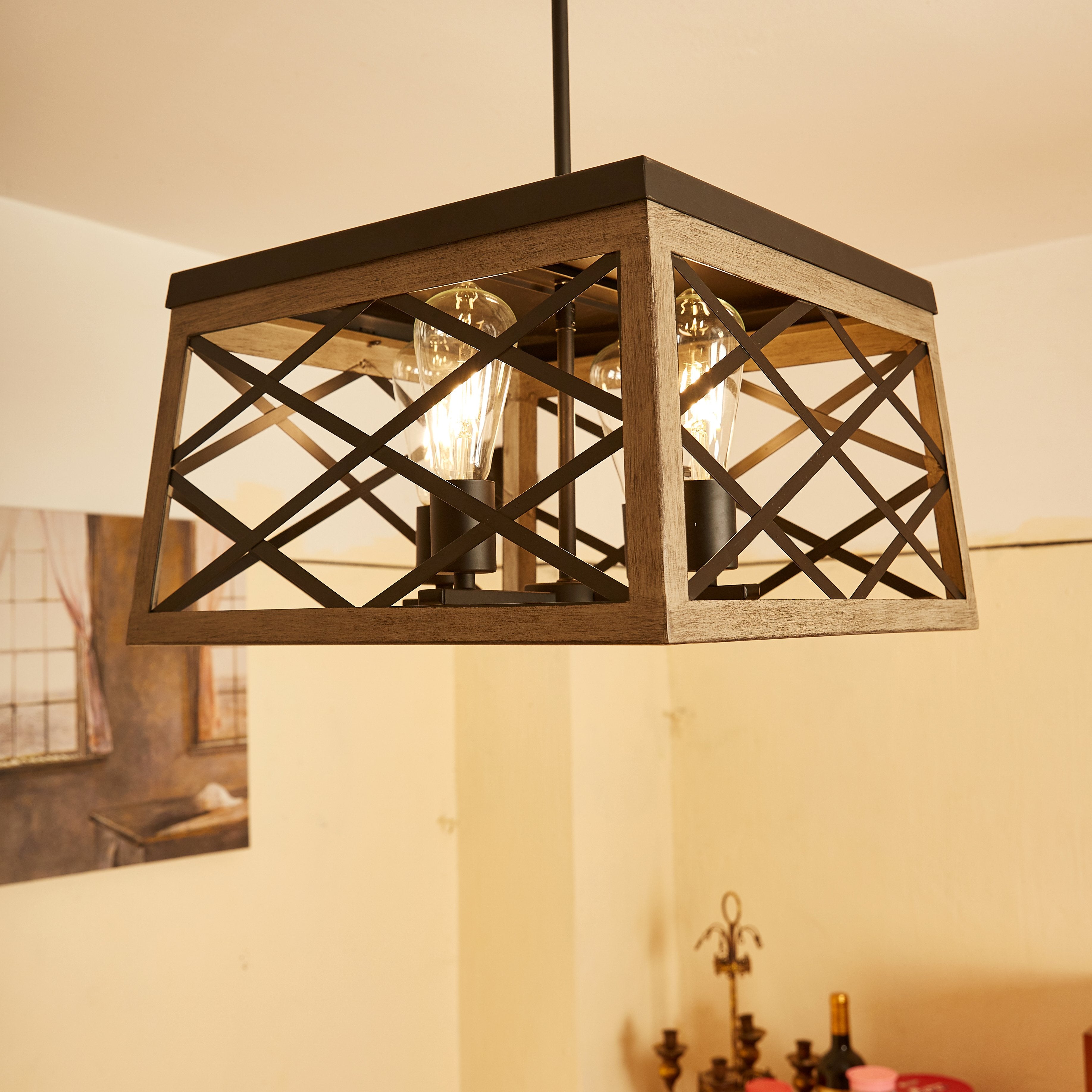 4 Light Anchor Grey Oak And Matte Black Lantern Square Pendant