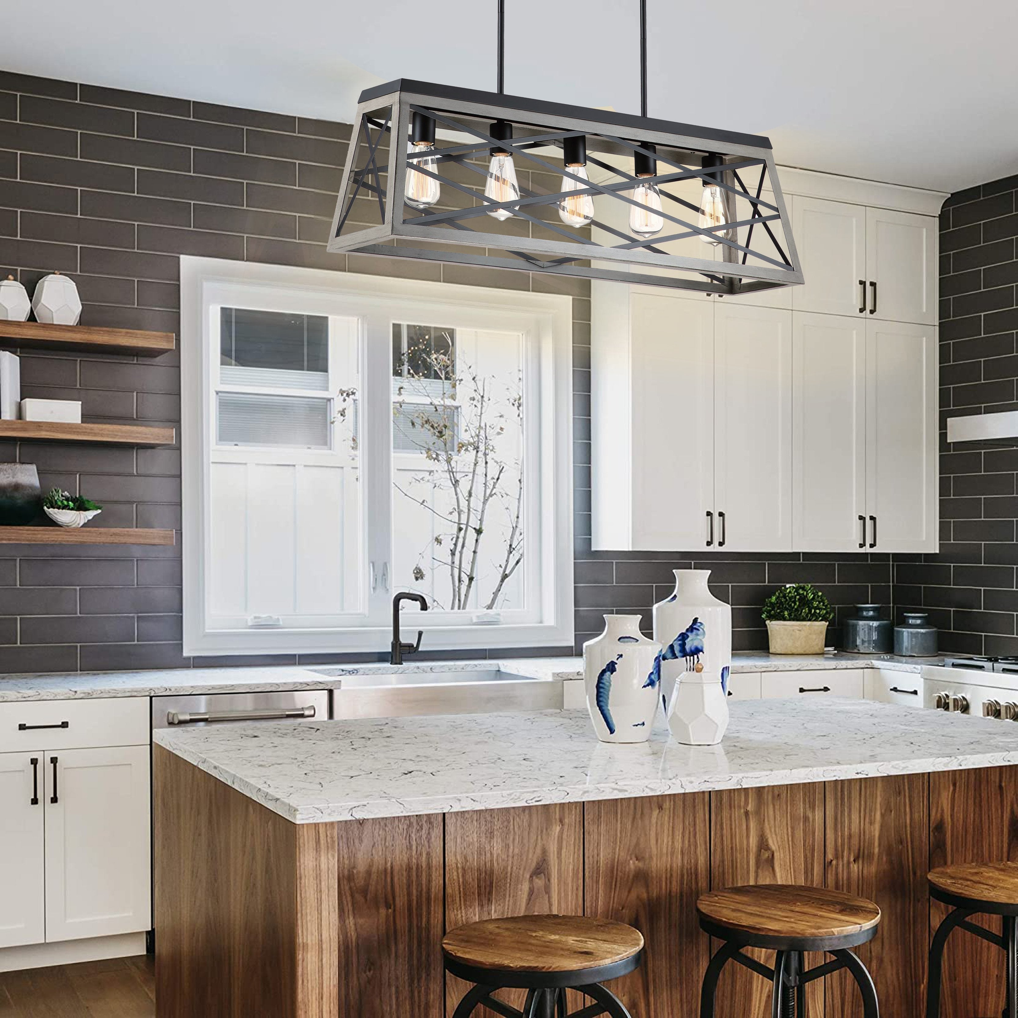 5 Light Anchor Grey Oak And Matte Black Kitchen Island Linear Pendant