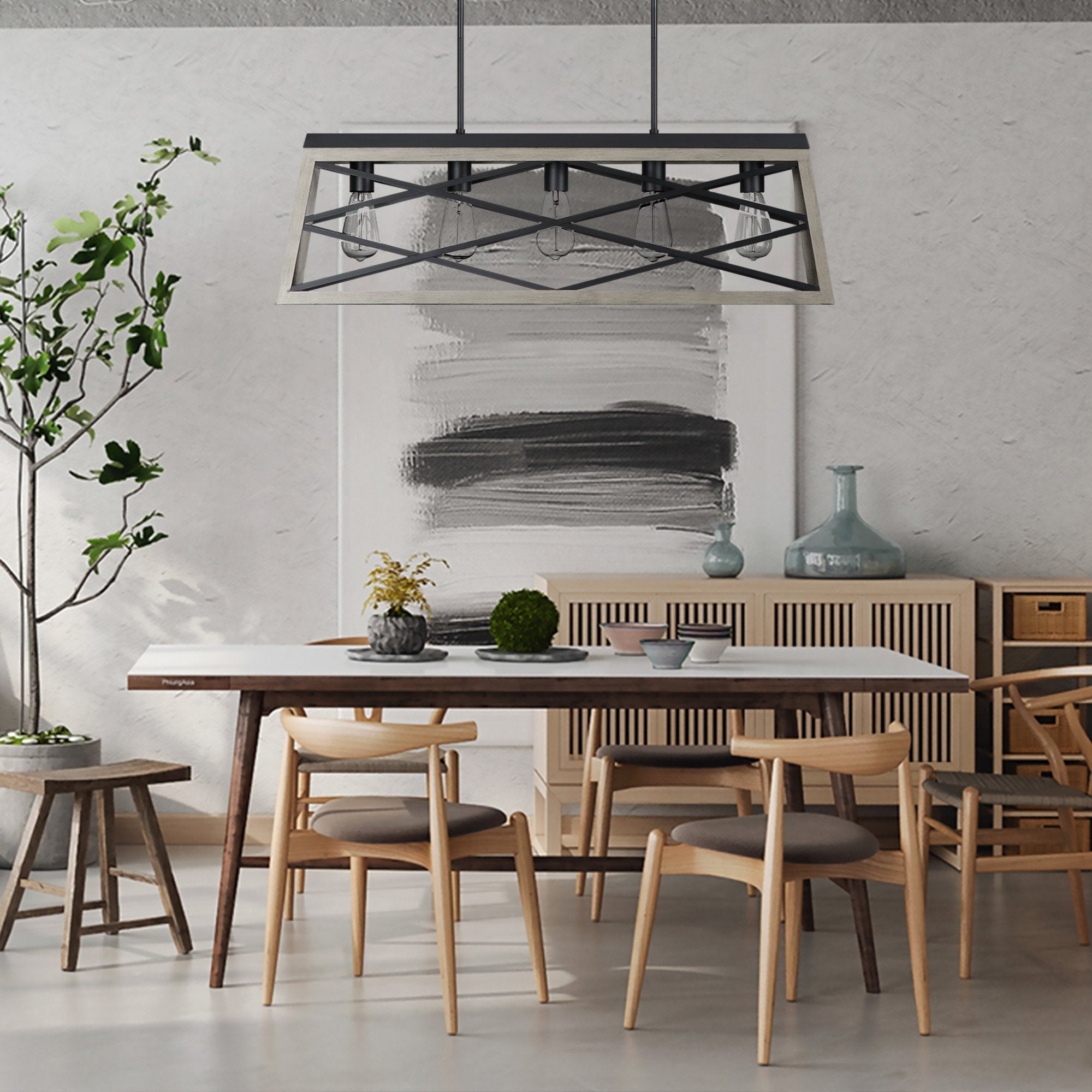 5 Light Anchor Grey Oak And Matte Black Kitchen Island Linear Pendant