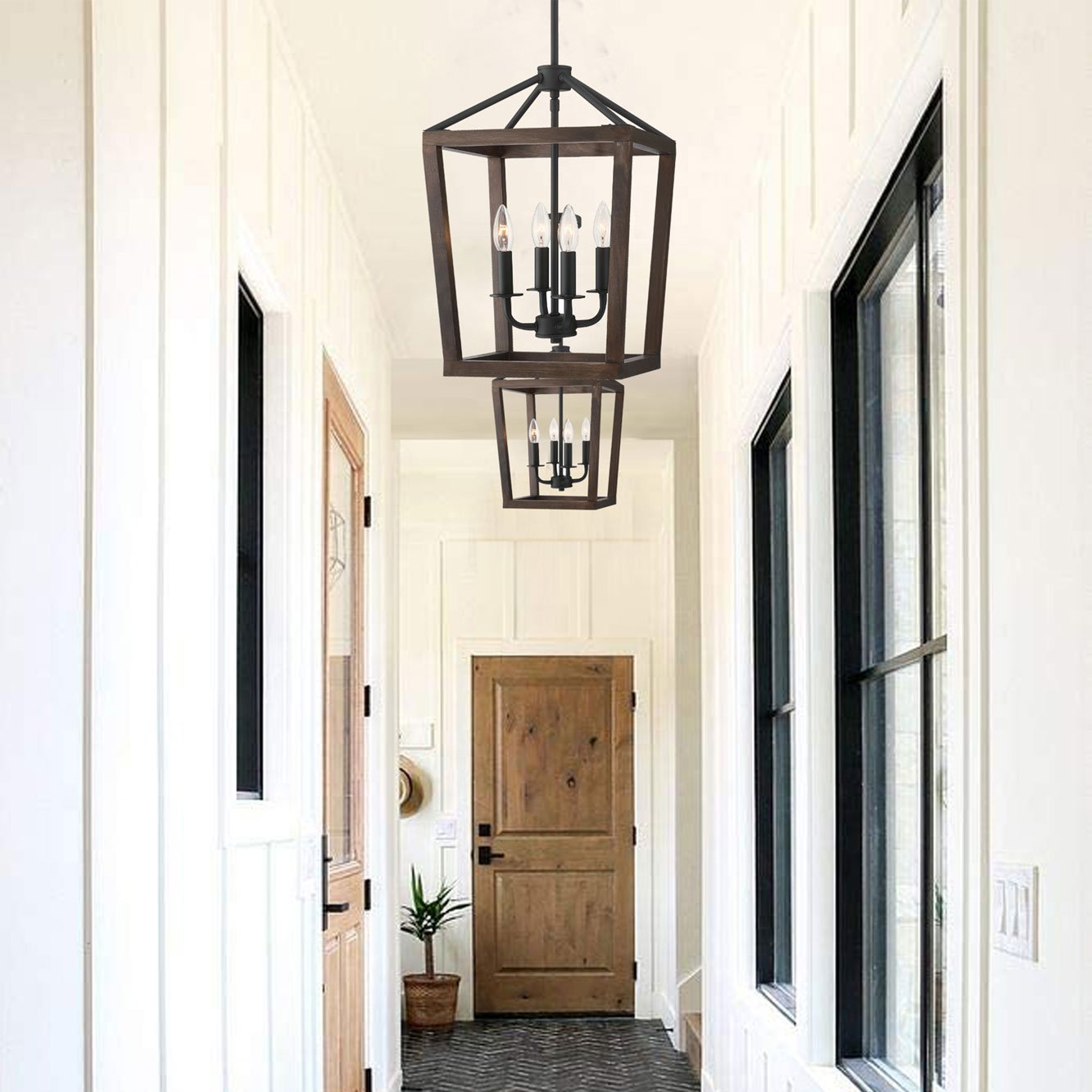 4 Light Matte Black Lantern Pendant With Rubberwood Accent